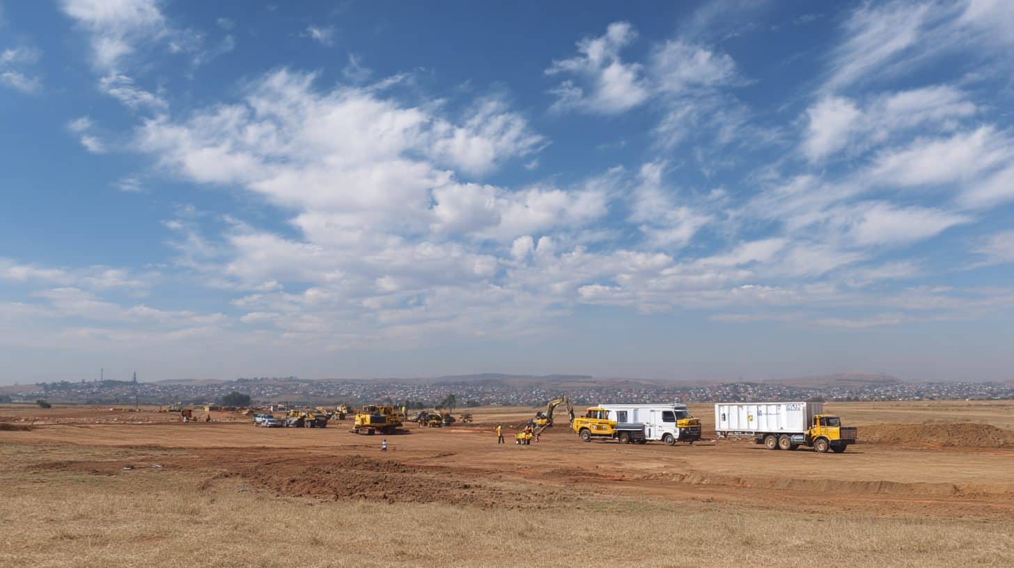 Construction site in Bloemfontein with workers in PPE and earthworks in the background.