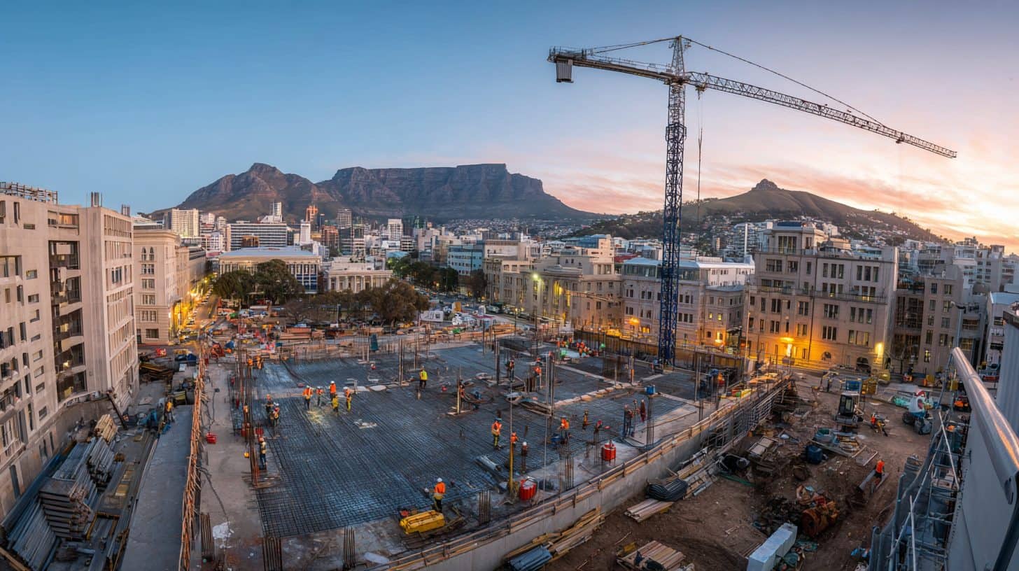 Construction site in Cape Town with Table Mountain visible in the background, workers in PPE.