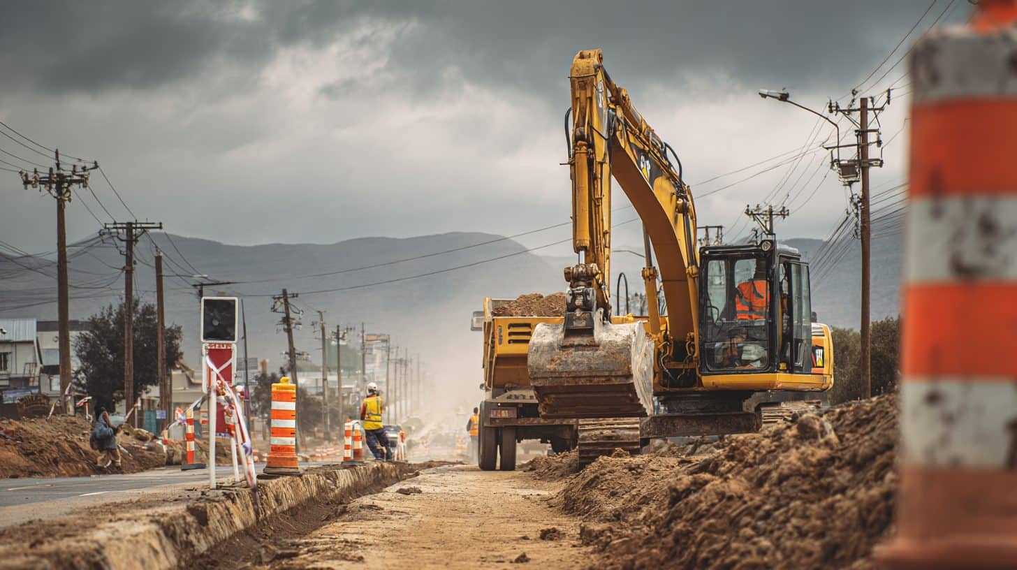 Excavation work on a South African civil engineering site, with safety barriers and PPE.