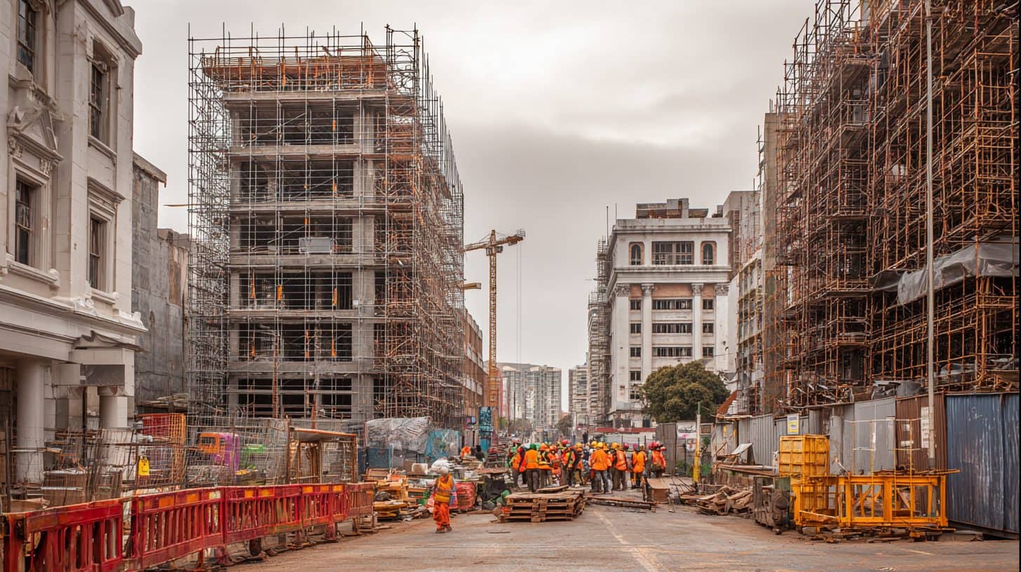 South African construction site with workers in PPE, scaffolding visible.