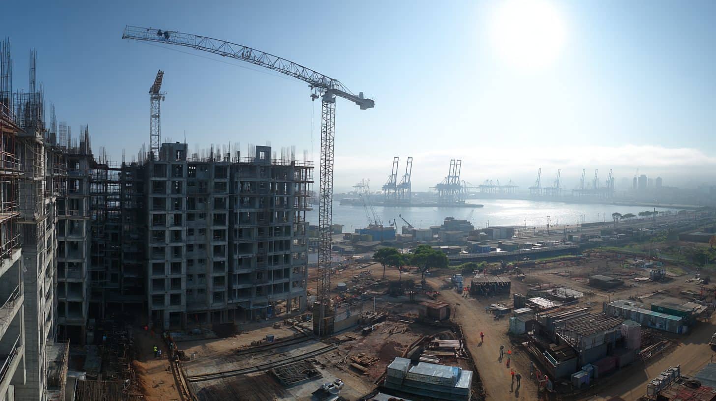 Construction site in Durban with cranes and a new high-rise development.