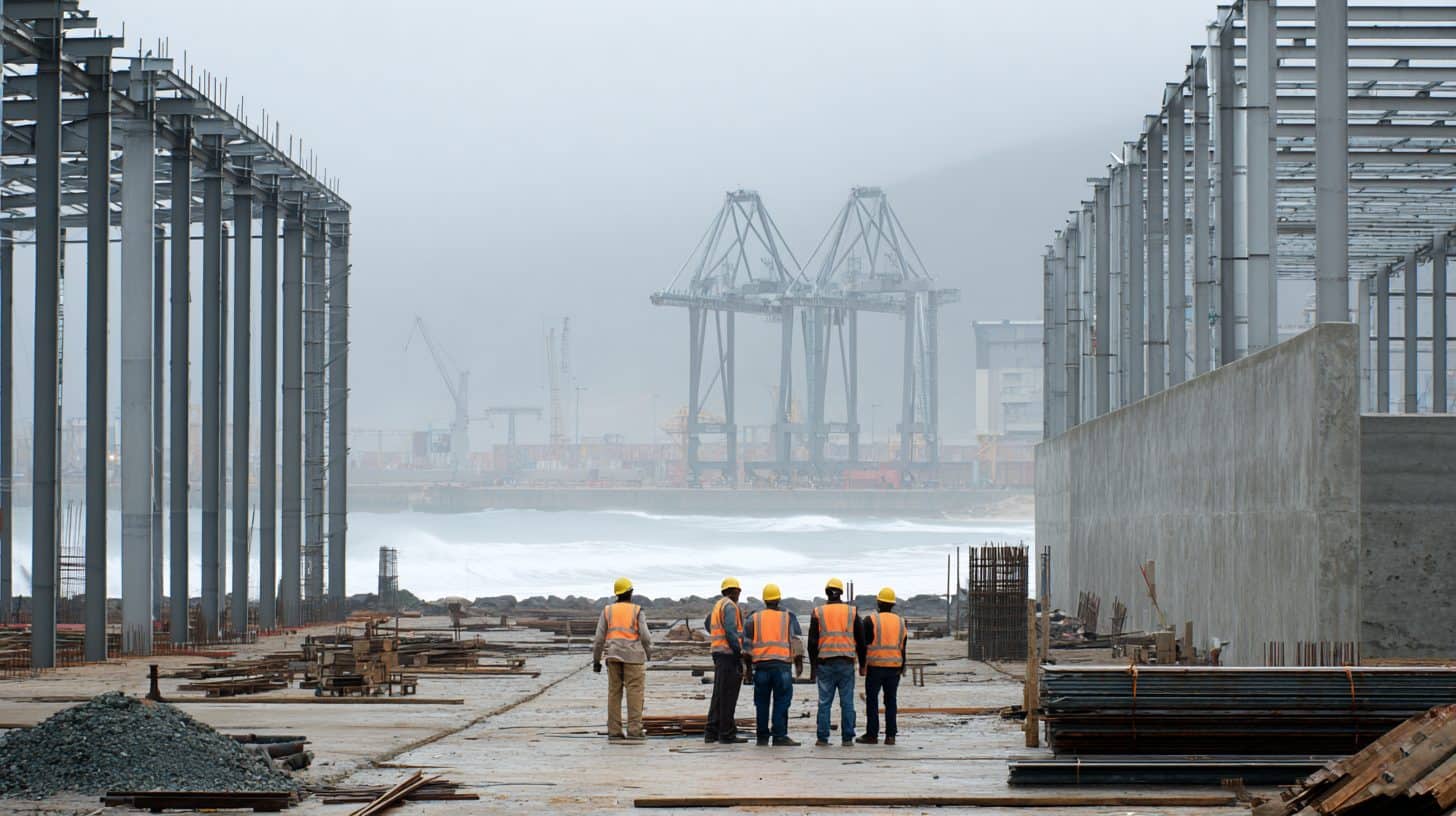 Construction site in East London with workers in PPE and industrial buildings in the background.