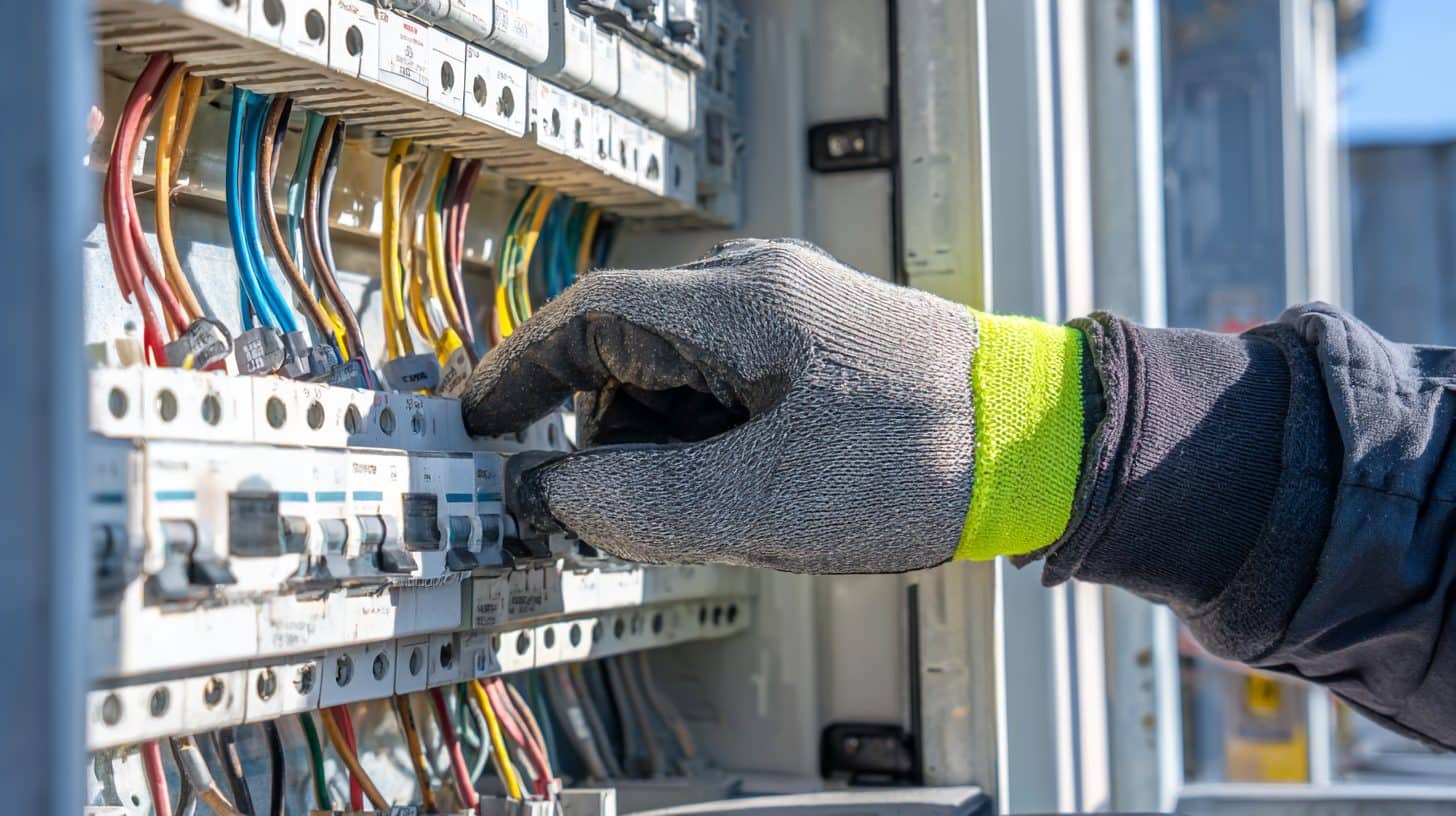 Electrical contractor working on a distribution board on a South African construction site, wearing PPE.