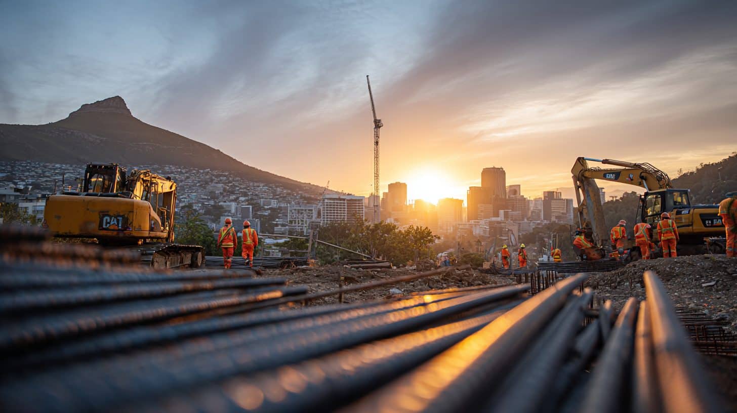 South African construction site with workers in PPE, hi-vis, hard hats.