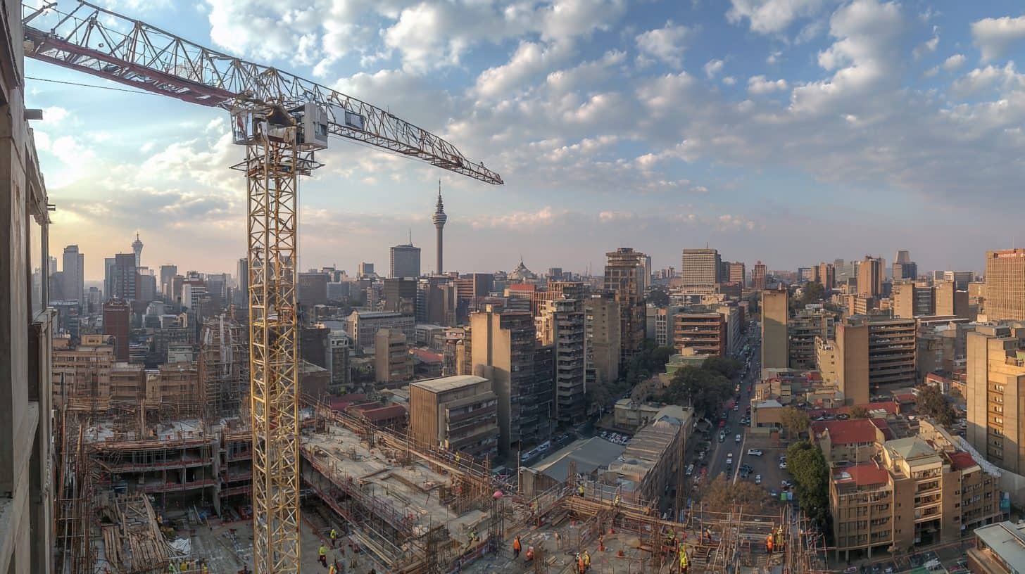 Construction site in Johannesburg with cranes and high-rise development in the background.