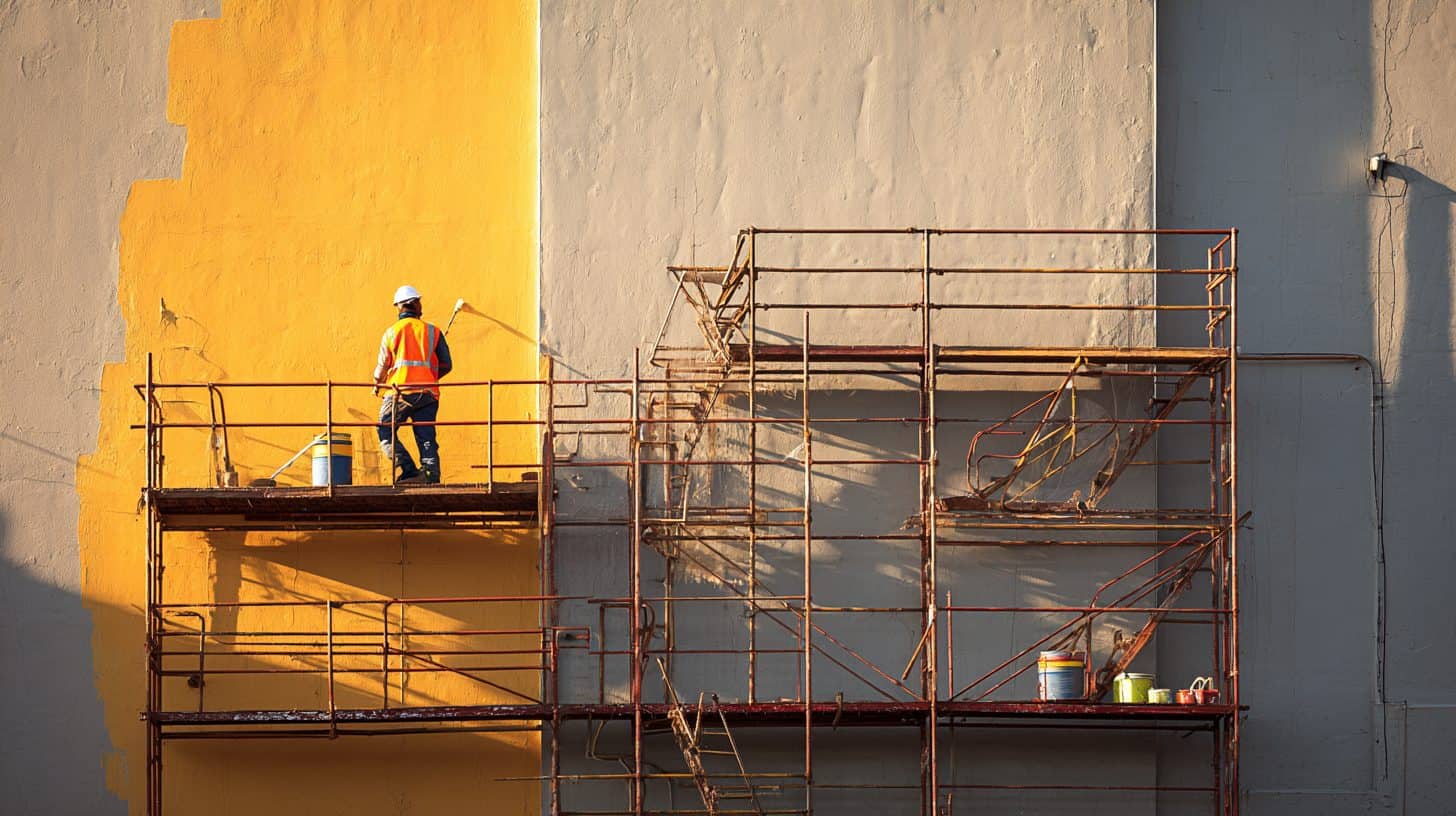 Painter on a scaffold applying paint to a South African building exterior, in PPE.