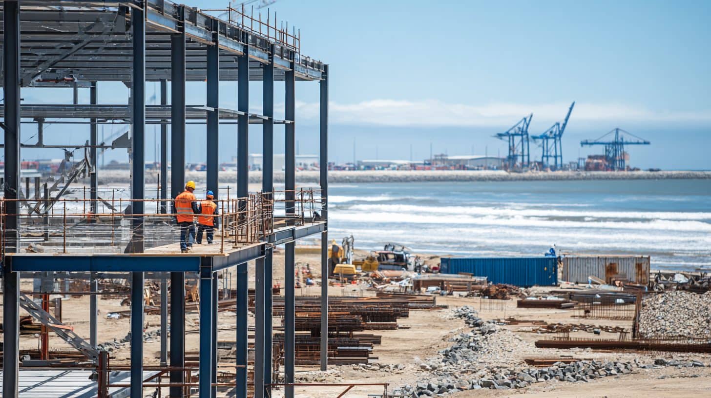 Construction site in Port Elizabeth (Gqeberha) with workers in PPE and industrial equipment in the background.