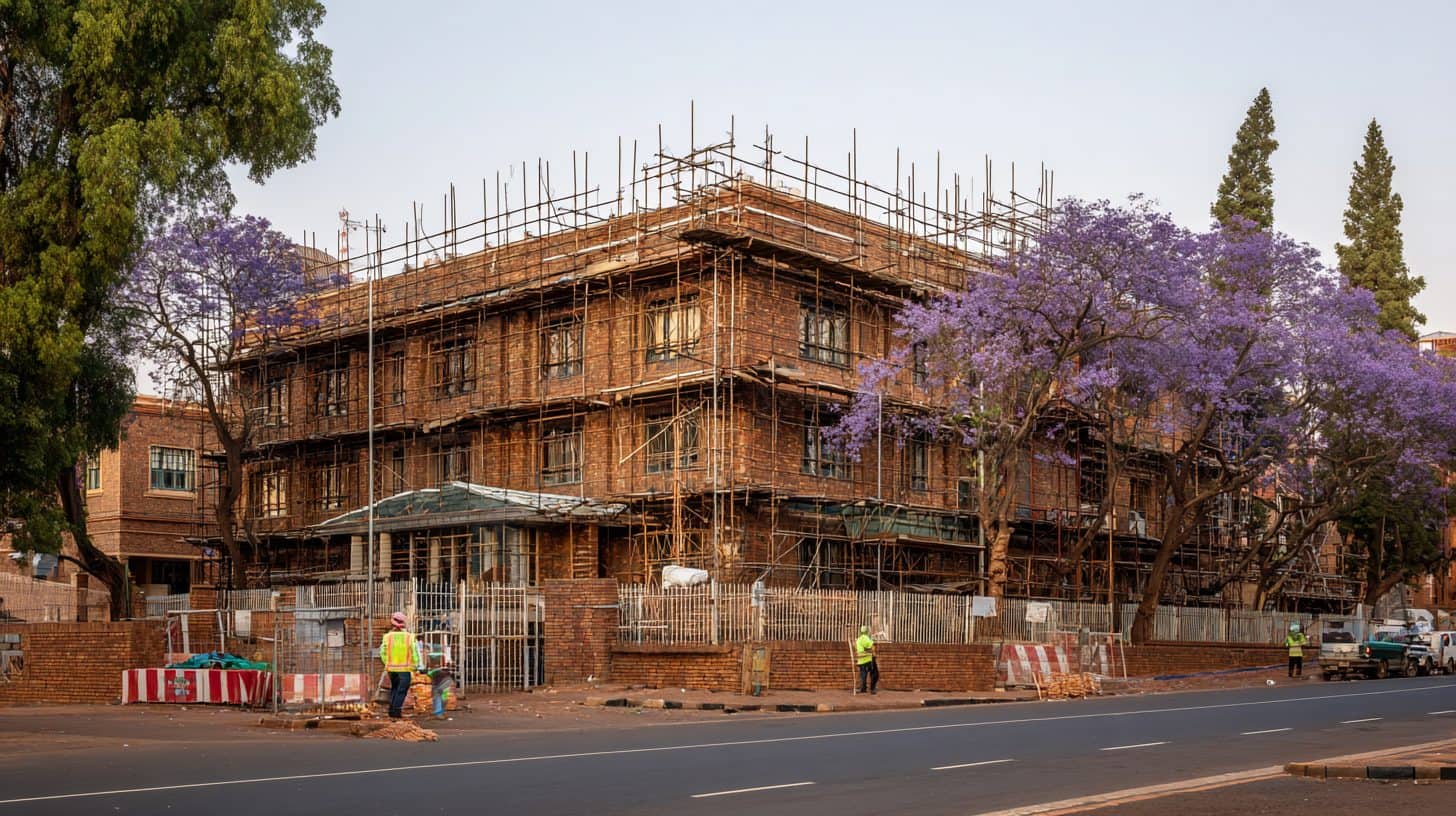 Construction site in Pretoria with workers in PPE and scaffolding visible.