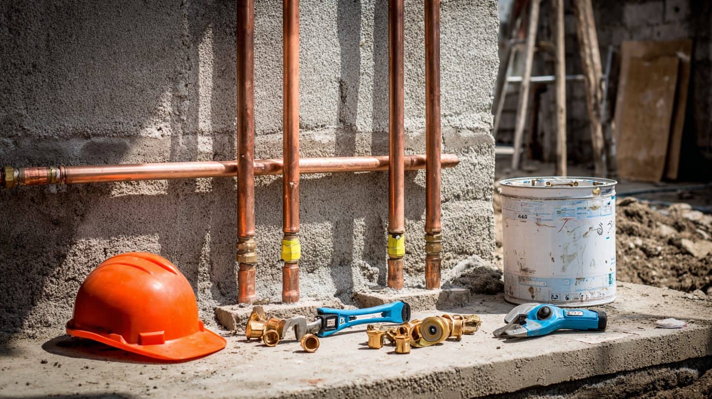 Plumber working on copper pipework on a South African construction site, wearing PPE.